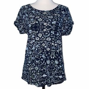 3/$30 Lucky Brand Boho Top Split Back Hem S Tee Navy Blue Floral Print T-Shirt
